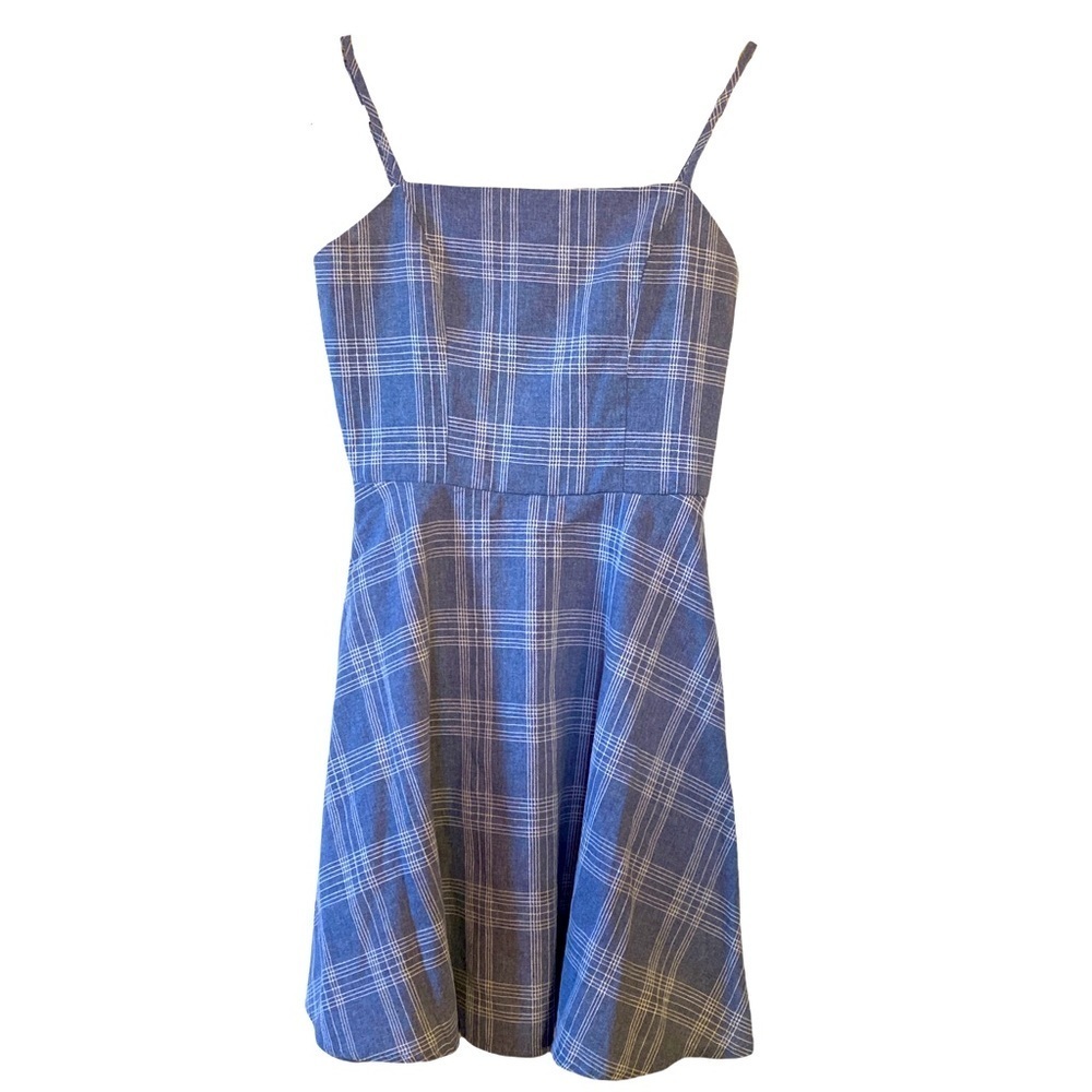 Spaghetti adjustable straps plaid blue skater mini dress size XS